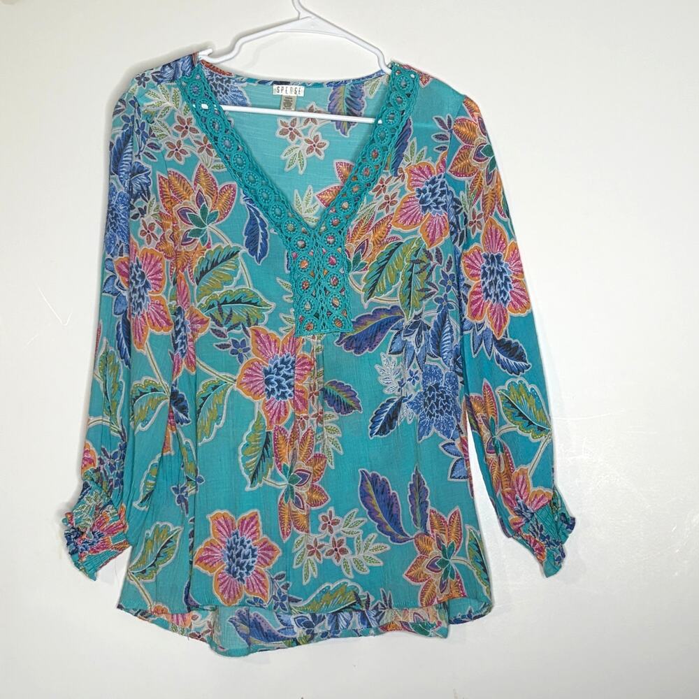 Spense Floral Crochet V-Neck Long Sleeve Blouse Size M
